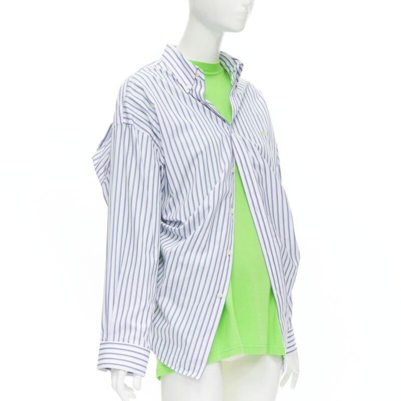 BALENCIAGA 2017 green tshirt blue striped shirt 2 way draped top FR34 XS In Excellent Condition For Sale In Hong Kong, NT