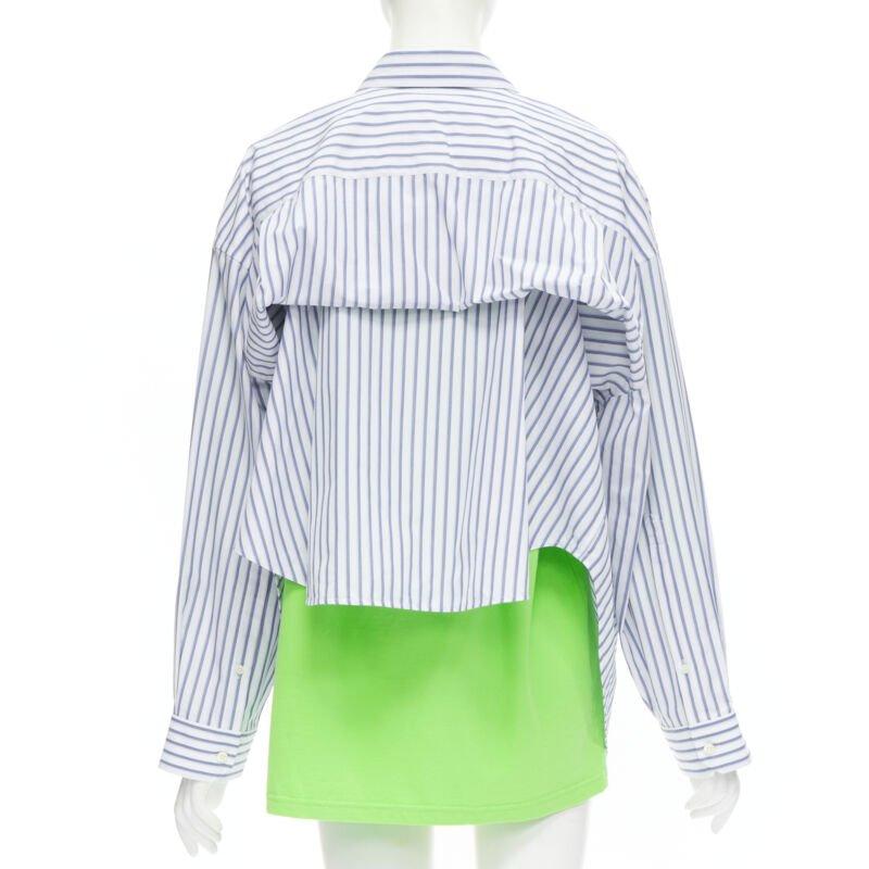 BALENCIAGA 2017 green tshirt blue striped shirt 2 way draped top FR34 XS For Sale 1