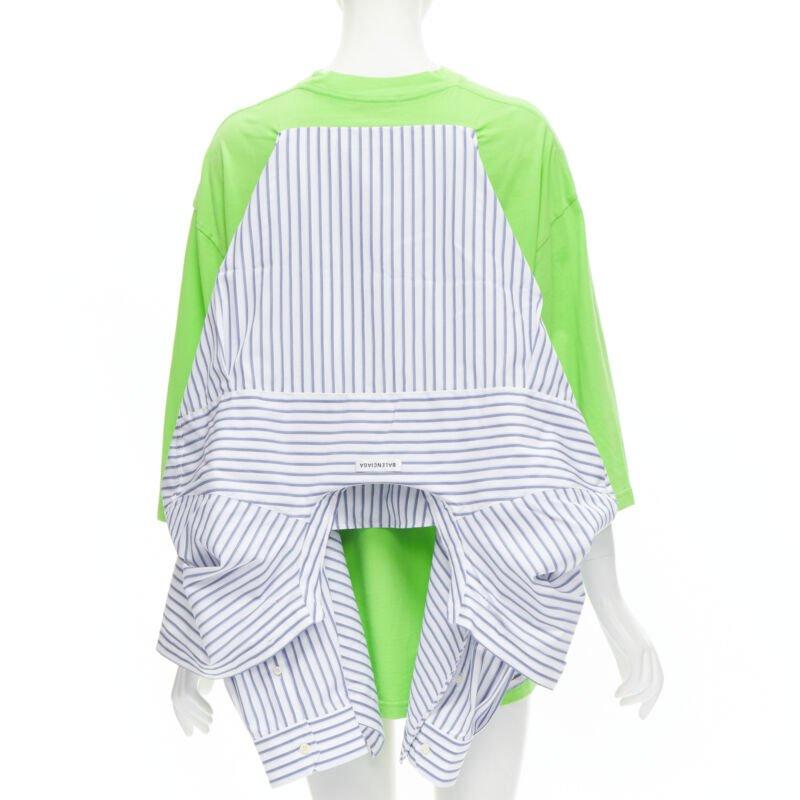 BALENCIAGA 2017 green tshirt blue striped shirt 2 way draped top FR34 XS For Sale 2