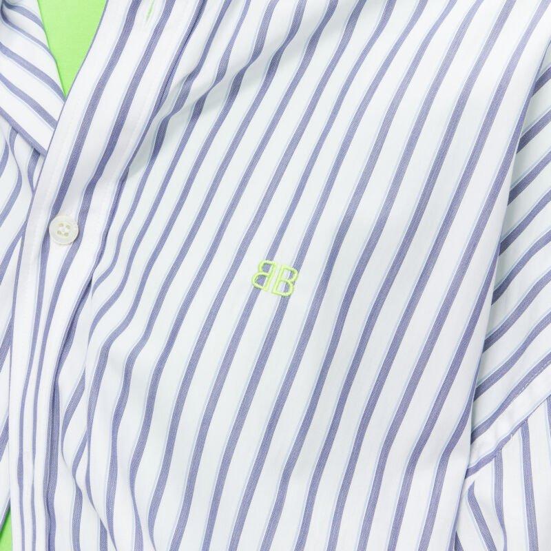 BALENCIAGA 2017 green tshirt blue striped shirt 2 way draped top FR34 XS For Sale 3