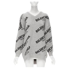 BALENCIAGA 2017 grey logo virgin wool camel knit V-neck oversized sweater FR36 S