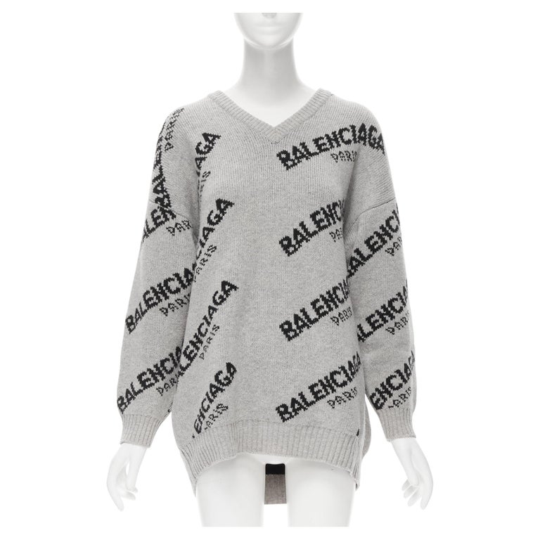 BALENCIAGA 2017 grey logo virgin wool camel knit V-neck oversized sweater  FR36 S at 1stDibs