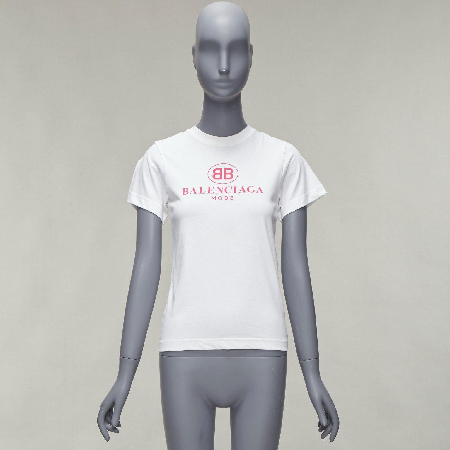 BALENCIAGA 2017 Mode pink logo print short sleeve white cotton tshirt XS For Sale 6