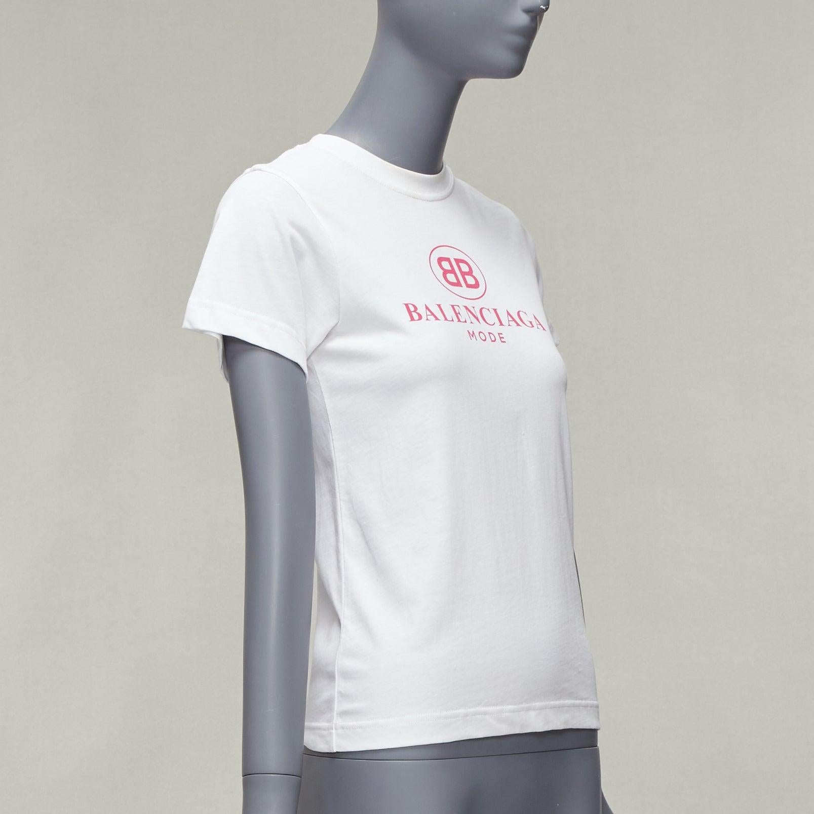 BALENCIAGA 2017 Mode pink logo print short sleeve white cotton tshirt XS In Fair Condition For Sale In Hong Kong, NT