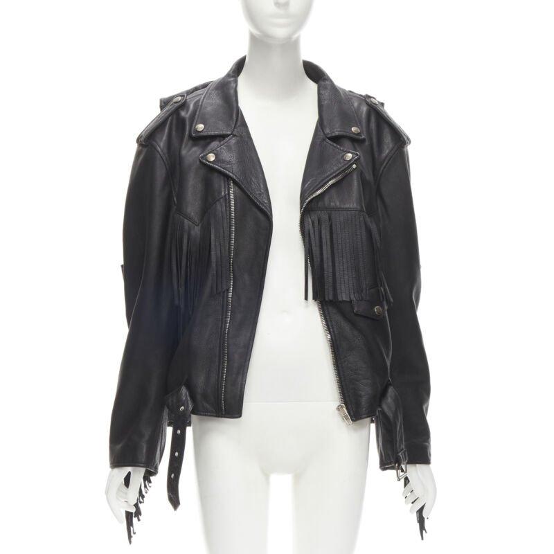 Nero BALENCIAGA  2017 Runway Giacca biker con frange pendenti a 3 vie FR36 S in vendita