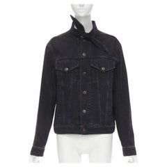 BALENCIAGA 2017 Scarf Collar Neck Tie washed black denim trucker jacket FR34 XS
