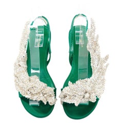 BALENCIAGA 2017 Tess emerald satin silver sequin open toe flat sandals EU37