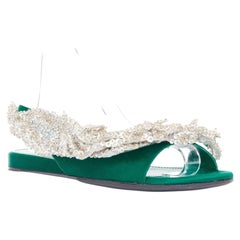 BALENCIAGA 2017 Tess emerald satin silver sequin open toe flat sandals EU37