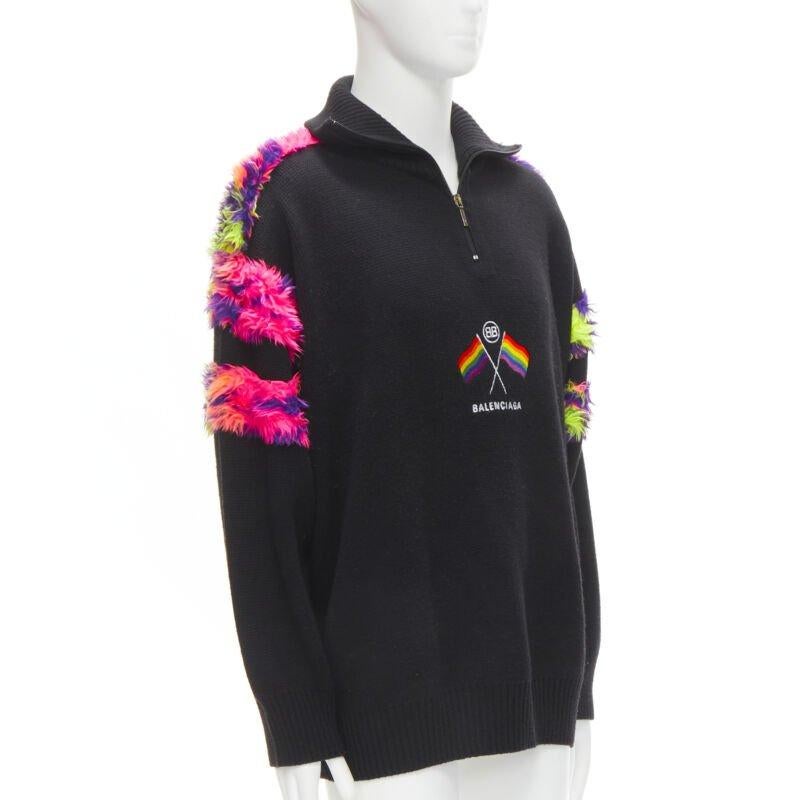 Black BALENCIAGA 2018 BB Pride Flag embroidery faux fur black wool turtleneck XS For Sale