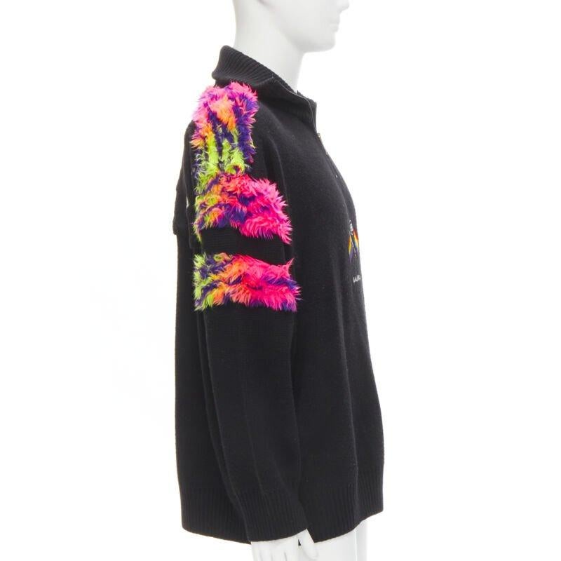 BALENCIAGA 2018 BB Pride Flag embroidery faux fur black wool turtleneck XS In Excellent Condition For Sale In Hong Kong, NT