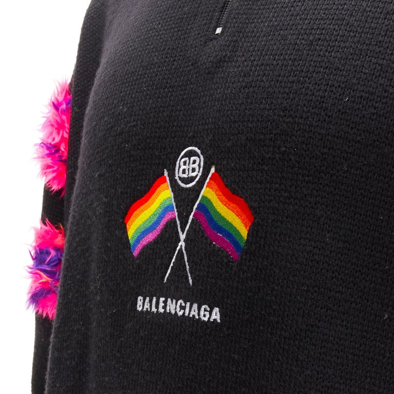 BALENCIAGA 2018 BB Pride Flag embroidery faux fur black wool  