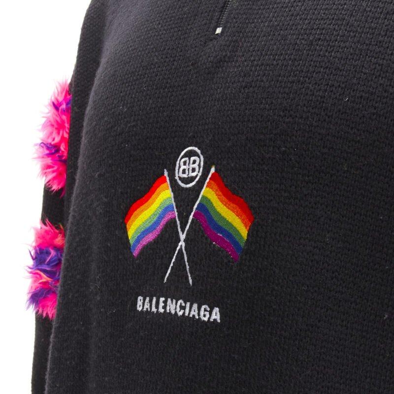 BALENCIAGA 2018 BB Pride Flag embroidery faux fur black wool turtleneck XS For Sale 2