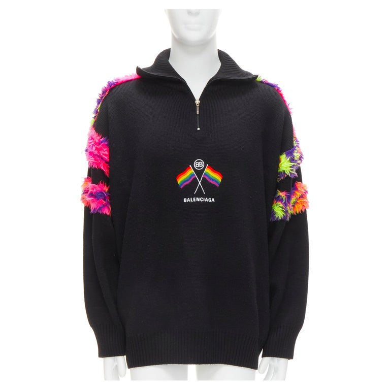 BALENCIAGA 2018 BB Pride Flag embroidery faux fur black wool  