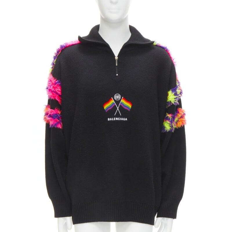 BALENCIAGA 2018 BB Pride Flag embroidery faux fur black wool turtleneck XS For Sale