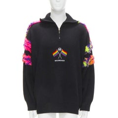 BALENCIAGA 2018 BB Pride Bandiera ricamo pelliccia sintetica lana nera dolcevita XS