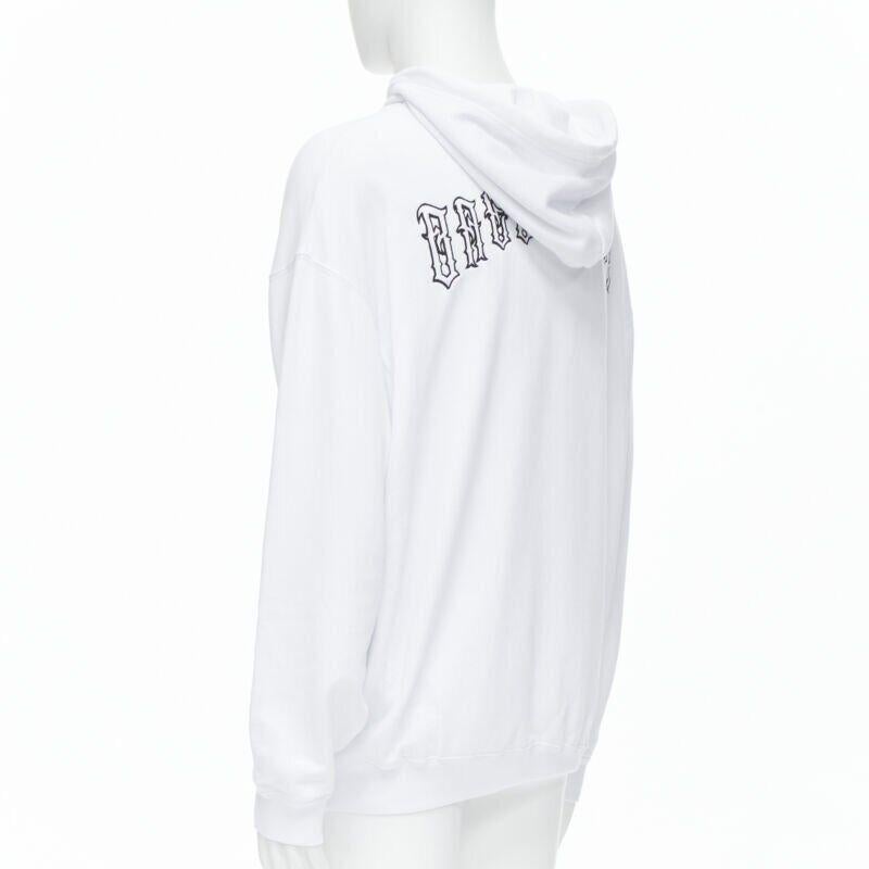 BALENCIAGA 2018 black Gothic Tattoo logo embroidery white cotton hoodie M en vente 1