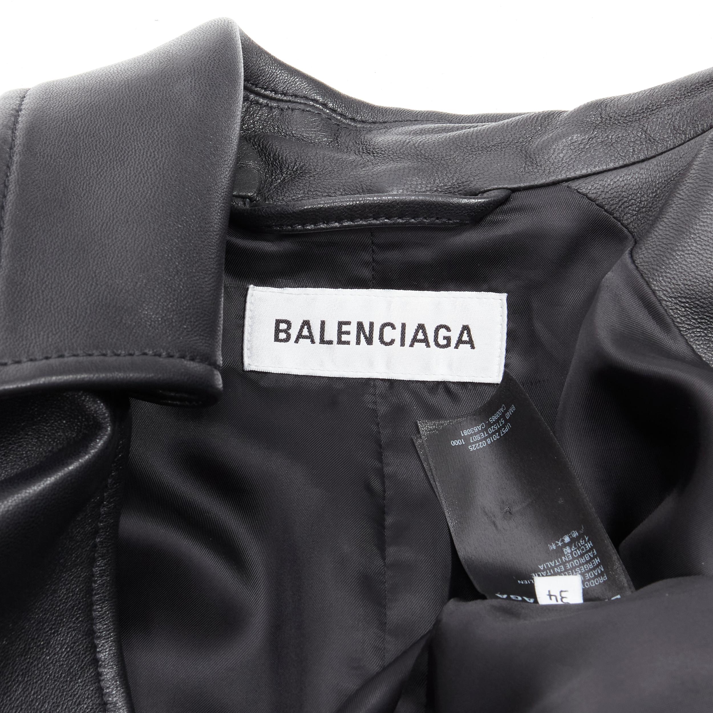 BALENCIAGA 2018 black lambskin logo tag power shoulder belted coat FR34 XS 8