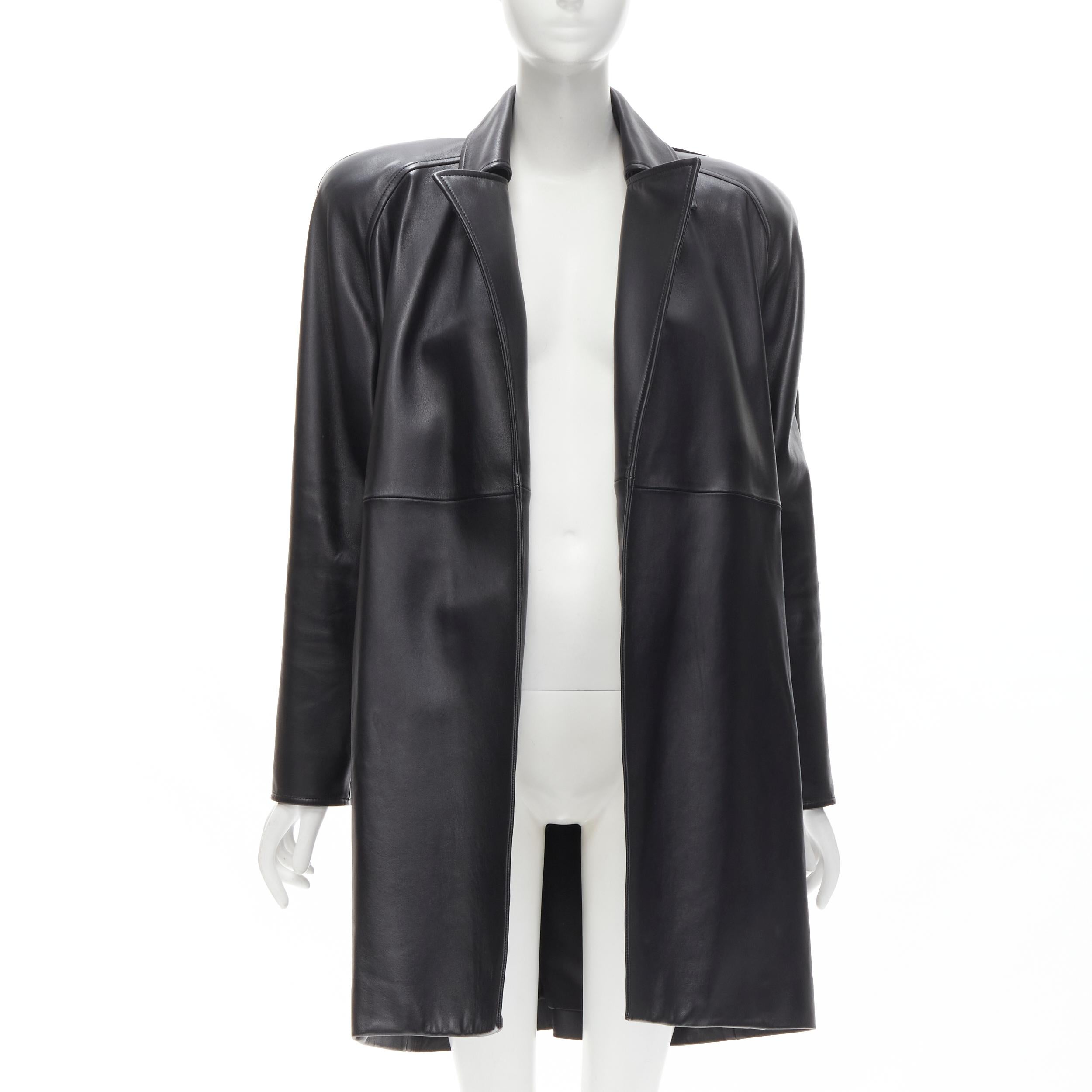 BALENCIAGA 2018 black lambskin logo tag power shoulder belted coat FR34 XS In Excellent Condition In Hong Kong, NT