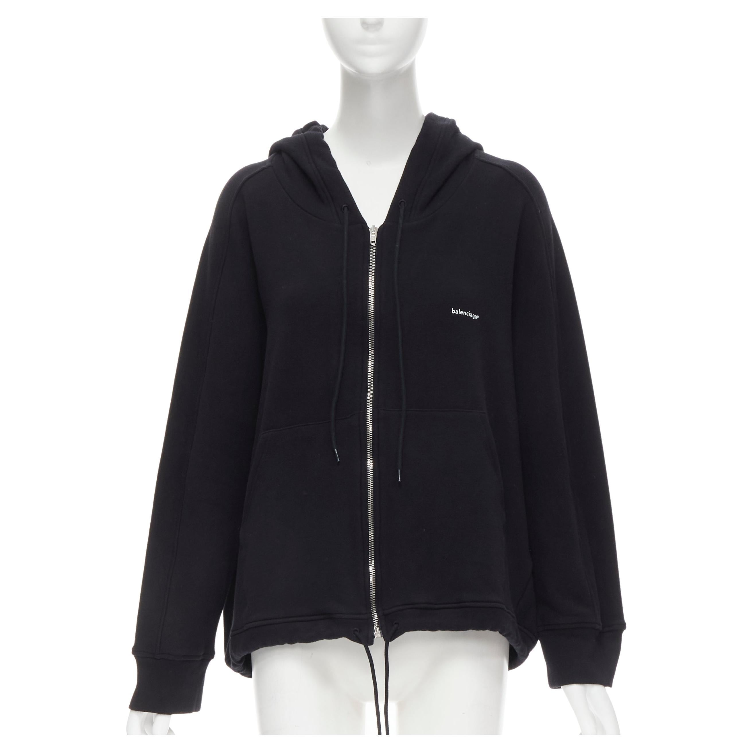 BALENCIAGA 2018 Demna black cotton white logo print oversized zip up hoodie  M at 1stDibs