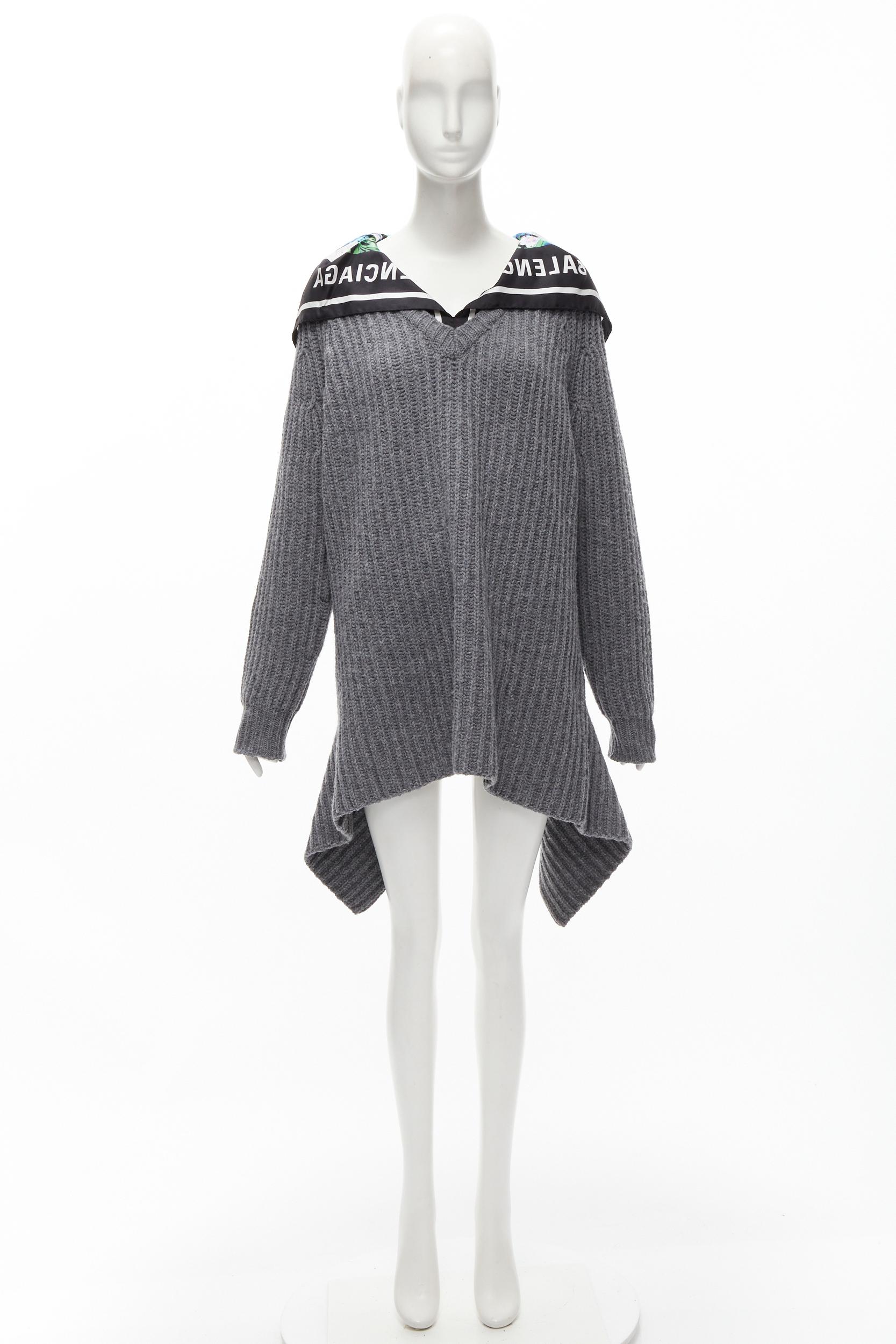BALENCIAGA 2018 Demna grey wool silk scarf collar detached hem sweater FR34 XS For Sale 5