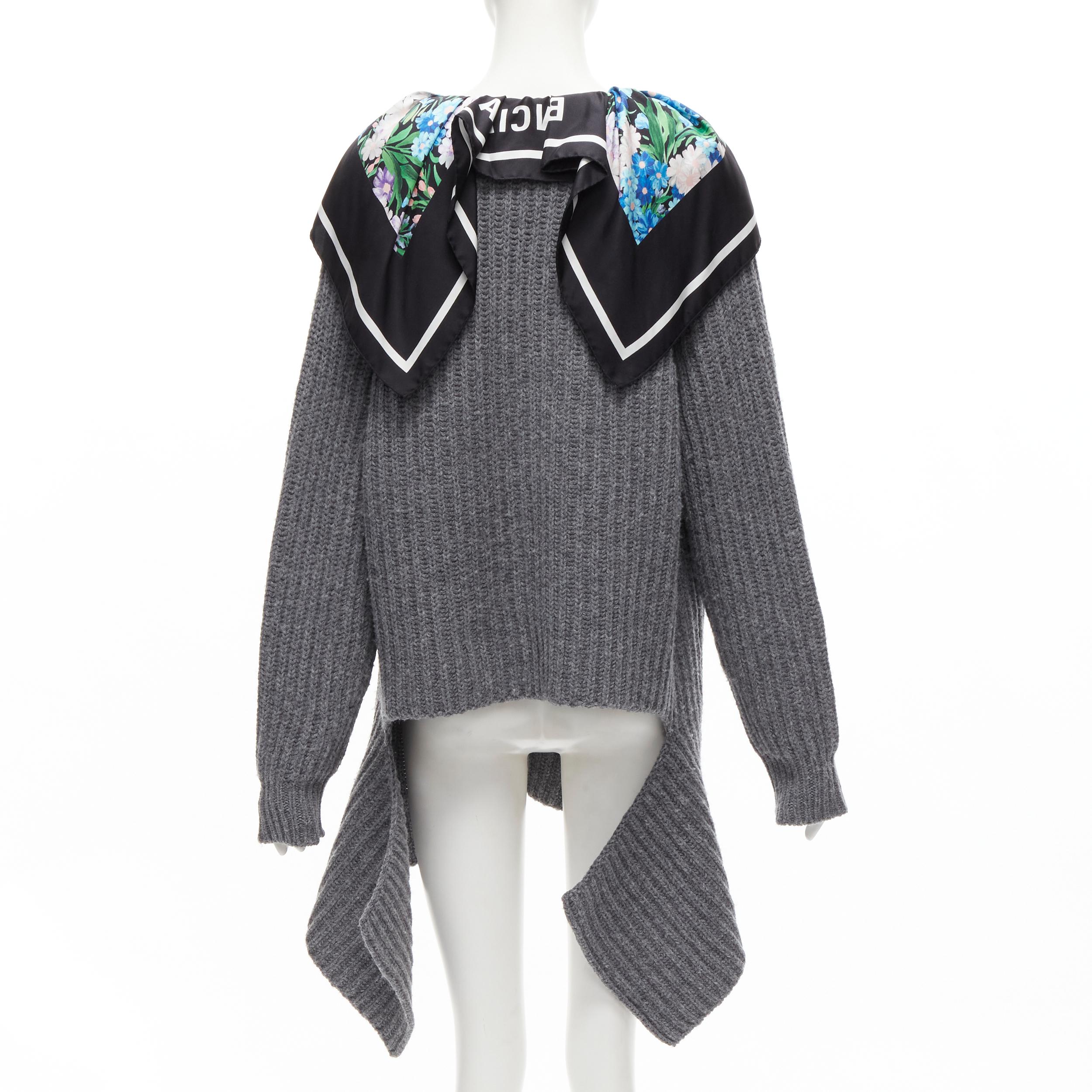Women's BALENCIAGA 2018 Demna grey wool silk scarf collar detached hem sweater FR34 XS For Sale