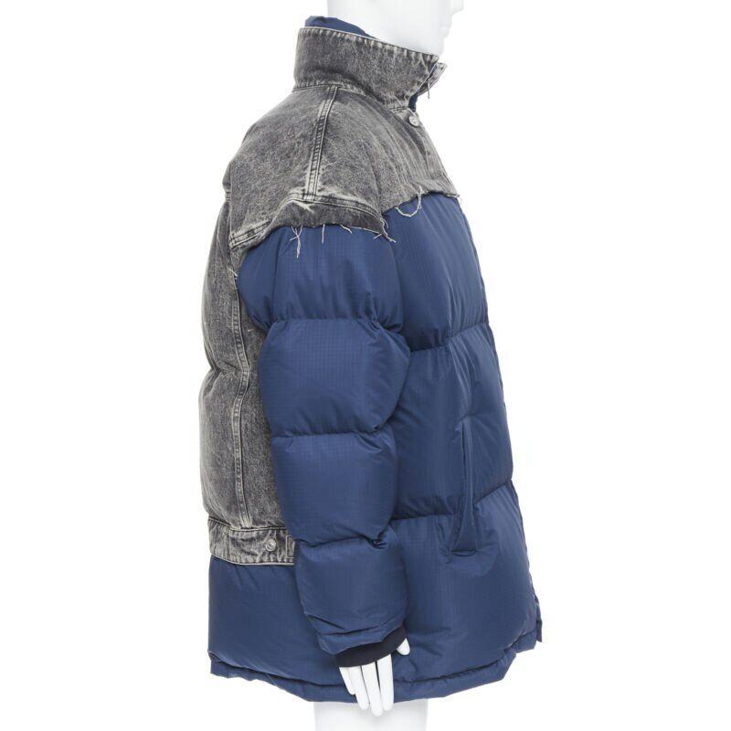 BALENCIAGA 2018 Fake Layering blue grey denim oversized puffer jacket XS In Excellent Condition For Sale In Hong Kong, NT