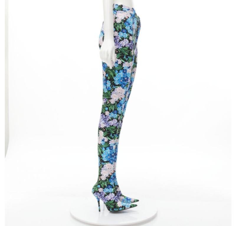 BALENCIAGA 2018 Pantashoes Knife blue floral print spandex boots IT38 EU38 In Excellent Condition For Sale In Hong Kong, NT