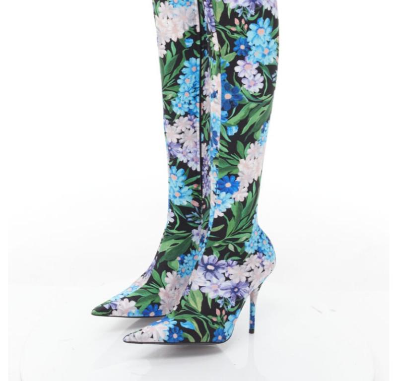 BALENCIAGA 2018 Pantashoes Knife blue floral print spandex boots IT38 EU38 For Sale 4