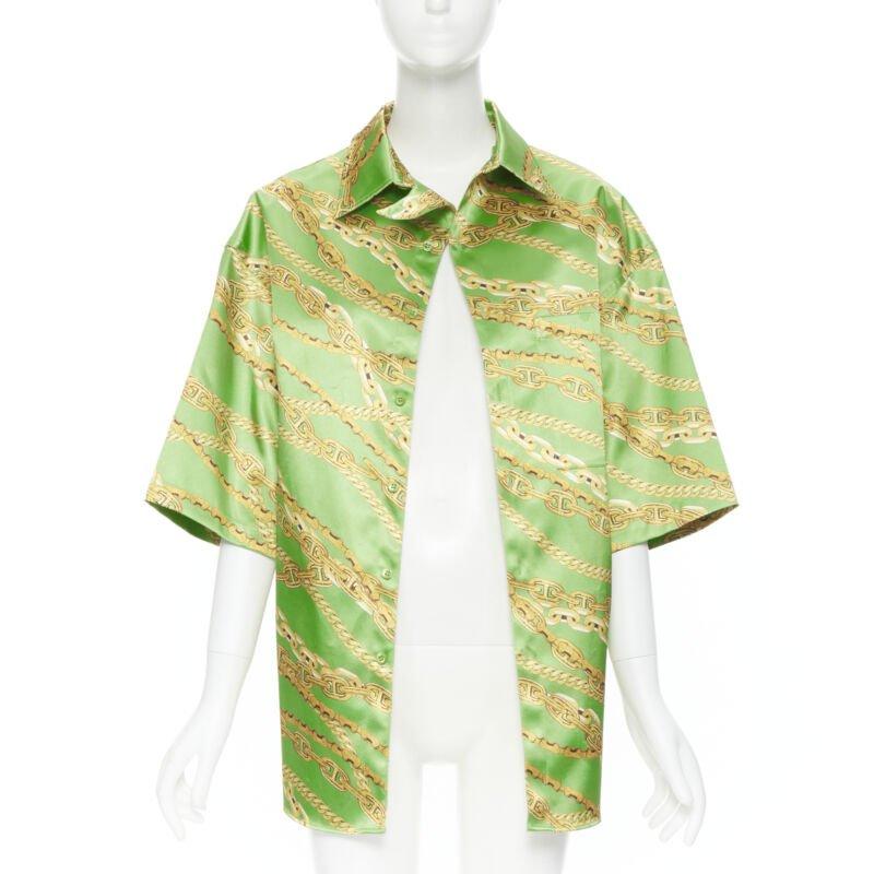 BALENCIAGA 2018 Runway line green gold chain print stiff boxy shirt FR34 XS