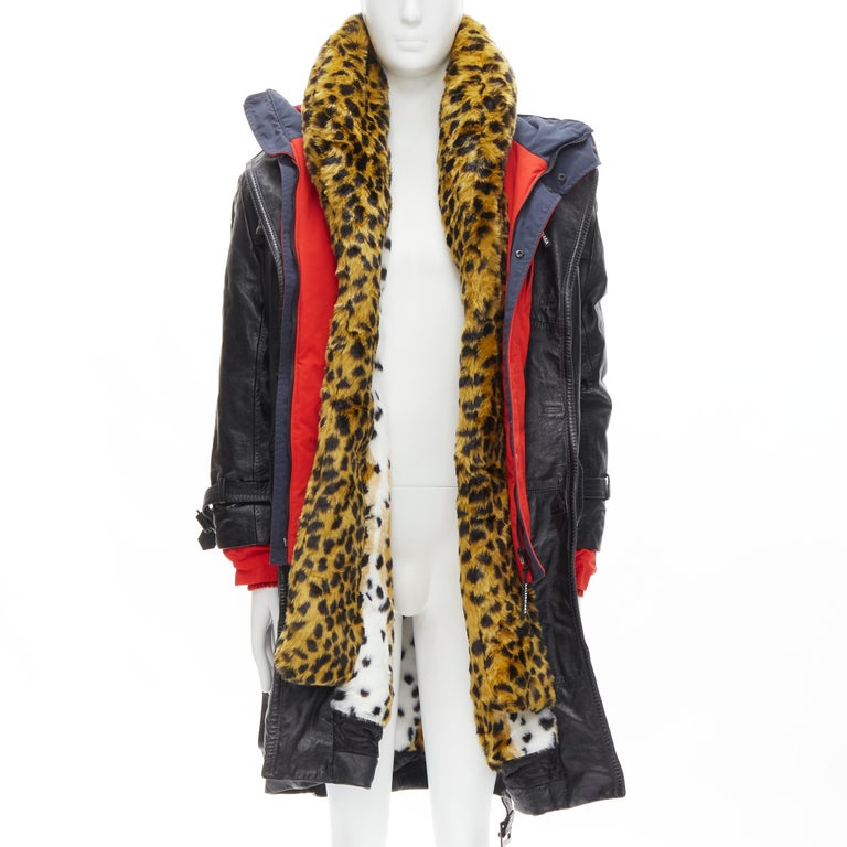 BALENCIAGA 2018 Ruway Triple Faux Layering black leather leopard fur