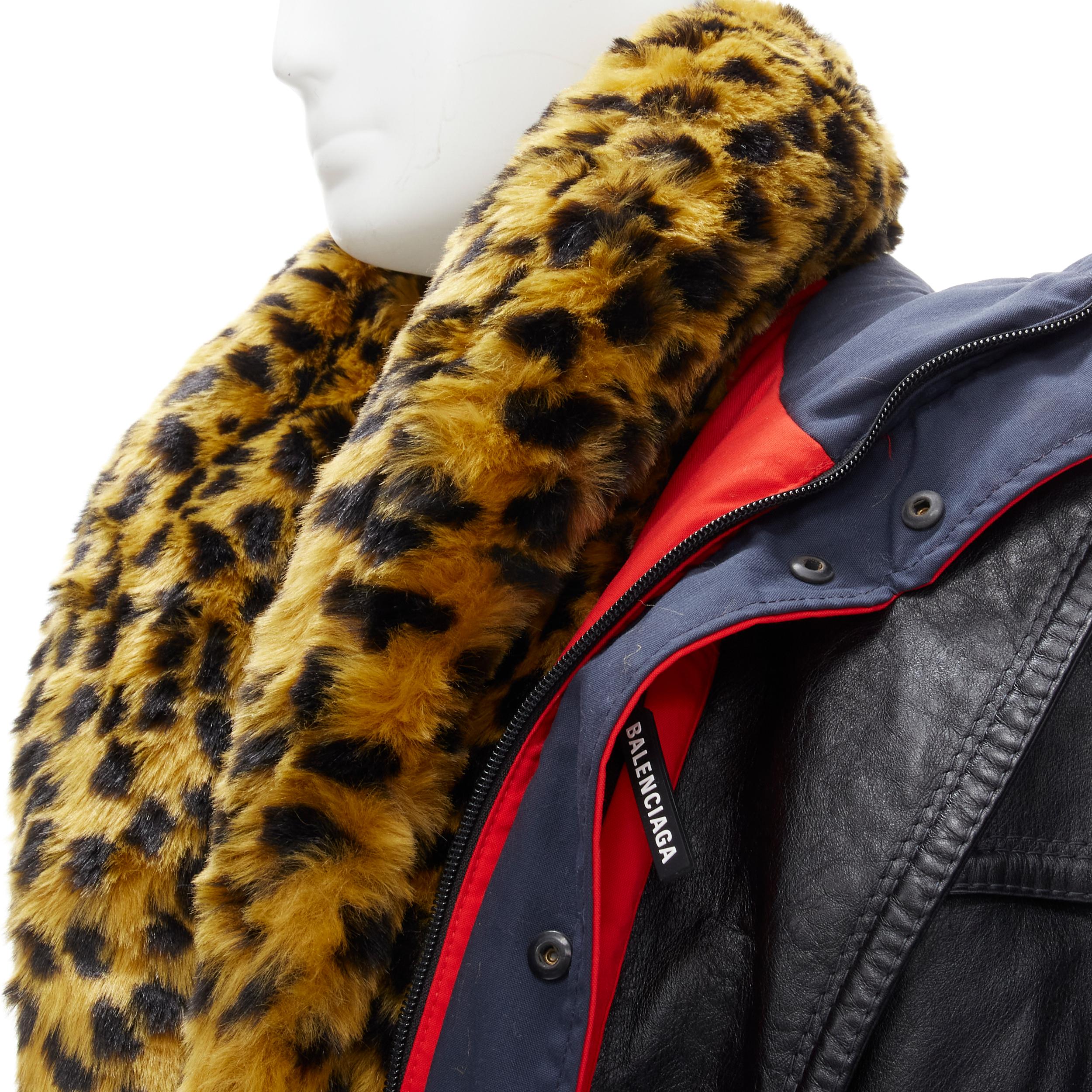 BALENCIAGA 2018 Ruway Triple Faux Layering manteau en cuir noir et fourrure léopard XL Excellent état - En vente à Hong Kong, NT