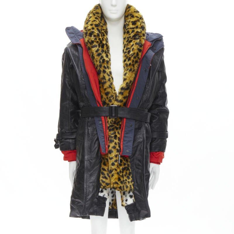 Brown BALENCIAGA 2018 Ruway Triple Faux Layering black leather leopard fur coat XL