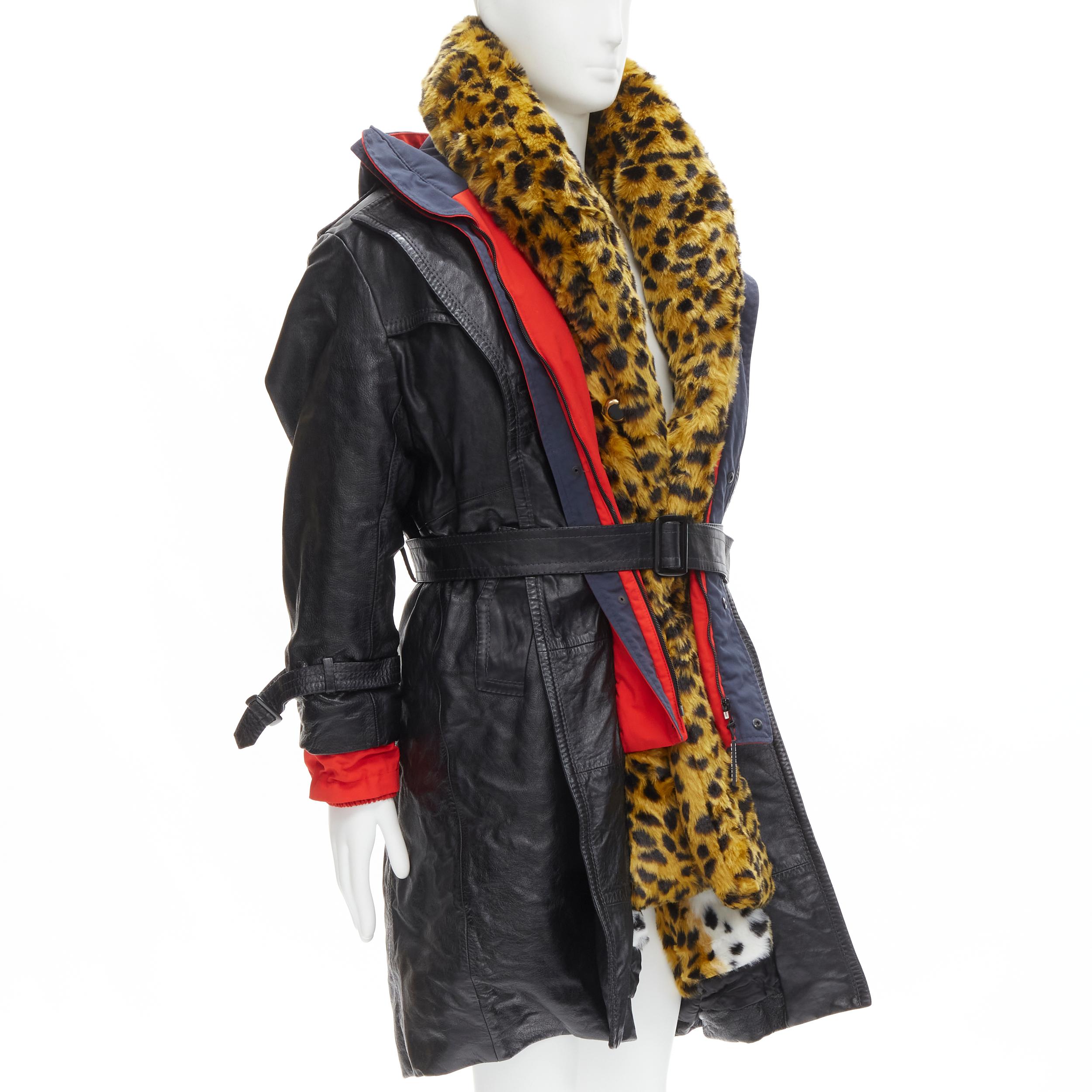 BALENCIAGA 2018 Ruway Triple Faux Layering black leather leopard fur coat XL In Excellent Condition In Hong Kong, NT
