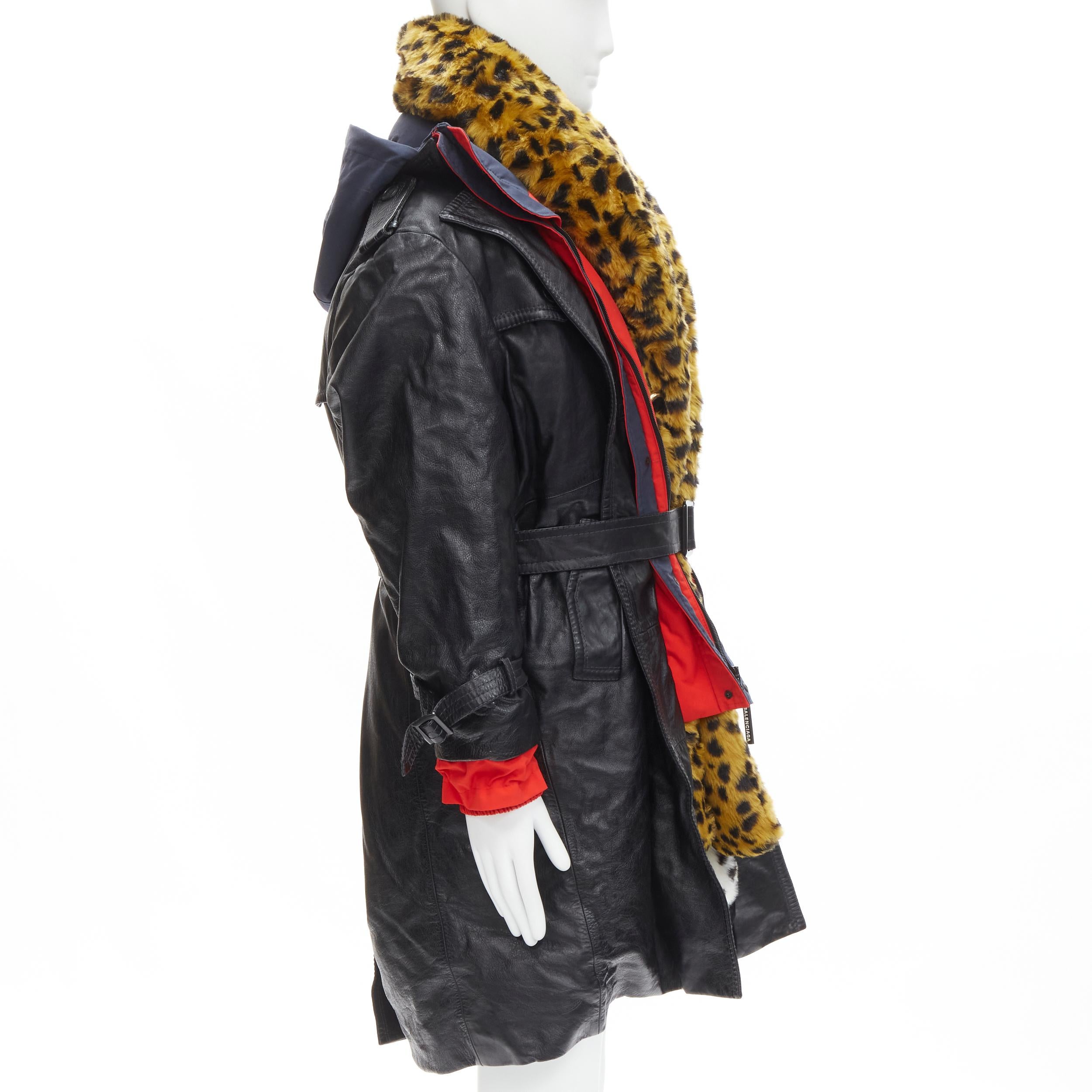 Men's BALENCIAGA 2018 Ruway Triple Faux Layering black leather leopard fur coat XL For Sale