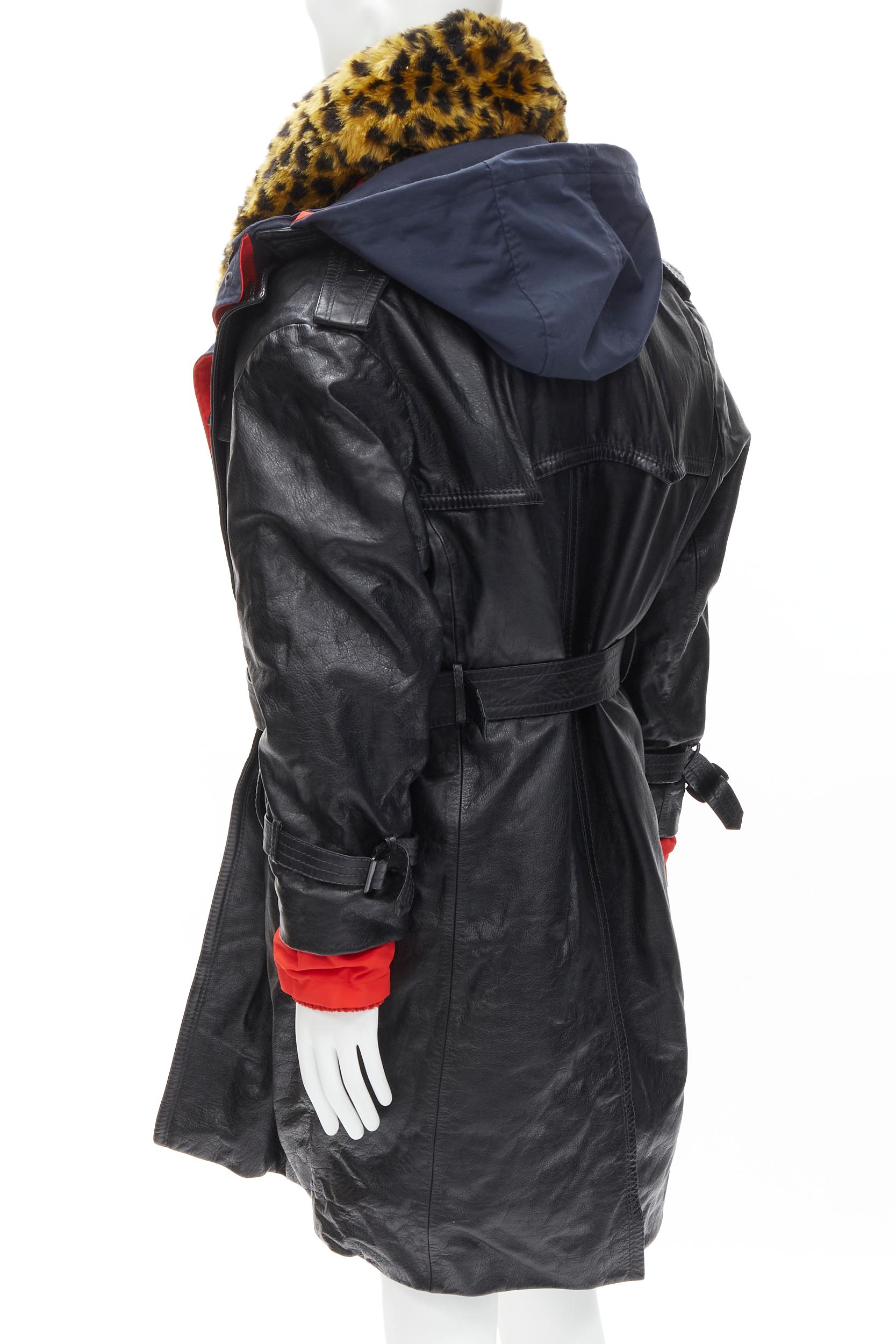 BALENCIAGA 2018 Ruway Triple Faux Layering manteau en cuir noir et fourrure léopard XL en vente 3