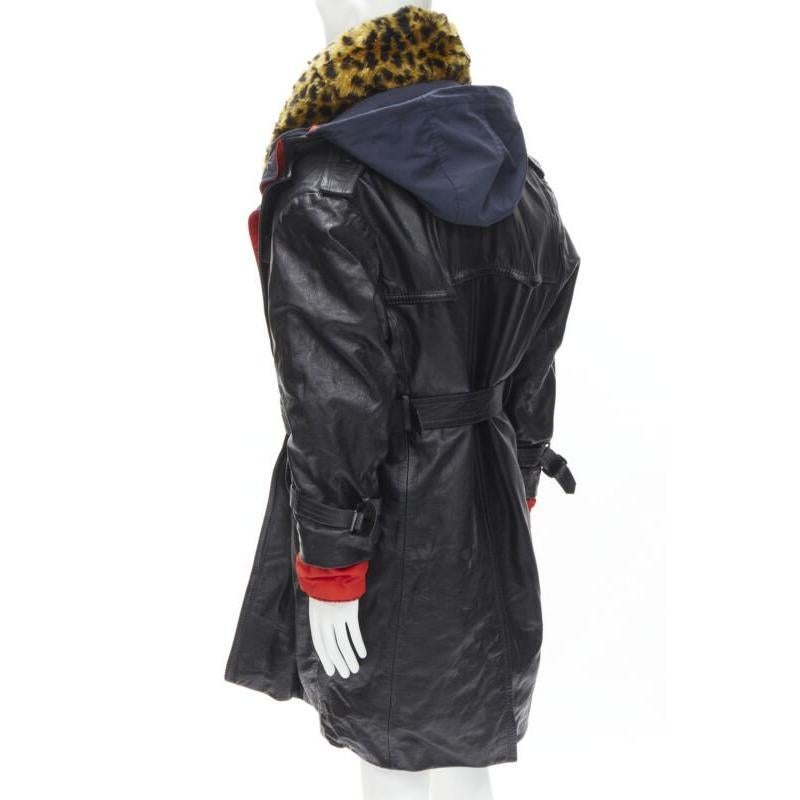 BALENCIAGA 2018 Ruway Triple Faux Layering black leather leopard fur coat XL 2