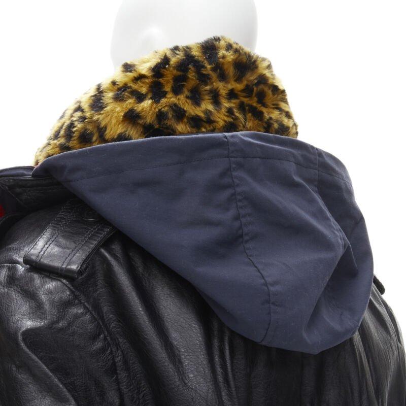 BALENCIAGA 2018 Ruway Triple Faux Layering black leather leopard fur coat XL 3