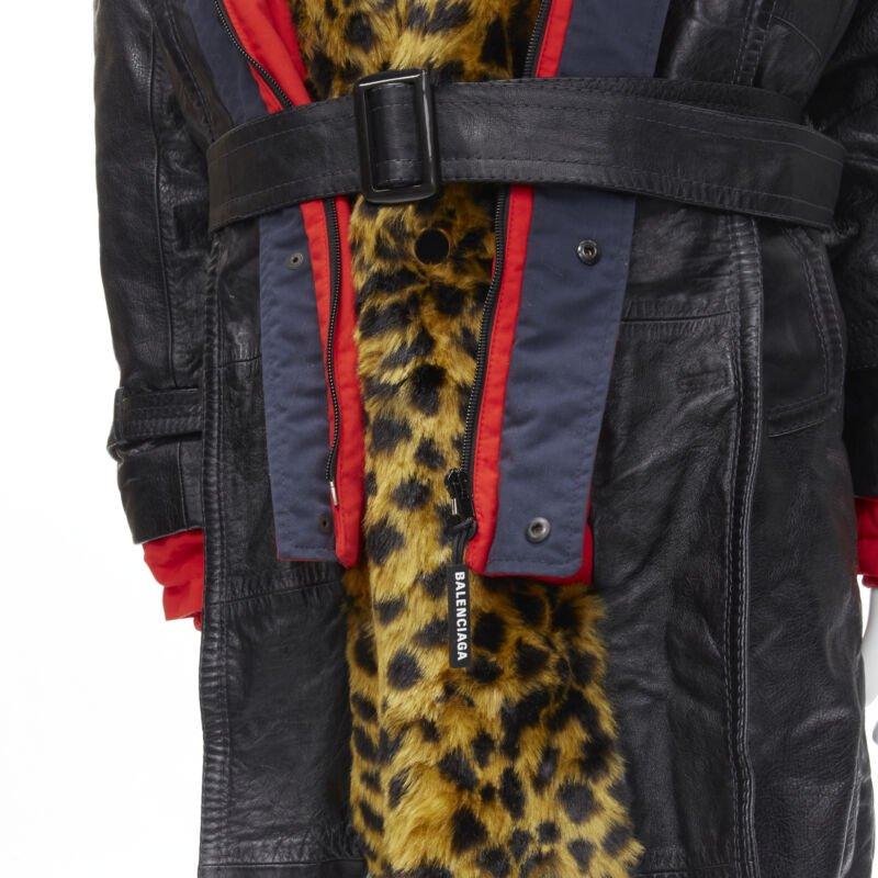 BALENCIAGA 2018 Ruway Triple Faux Layering black leather leopard fur coat XL 4