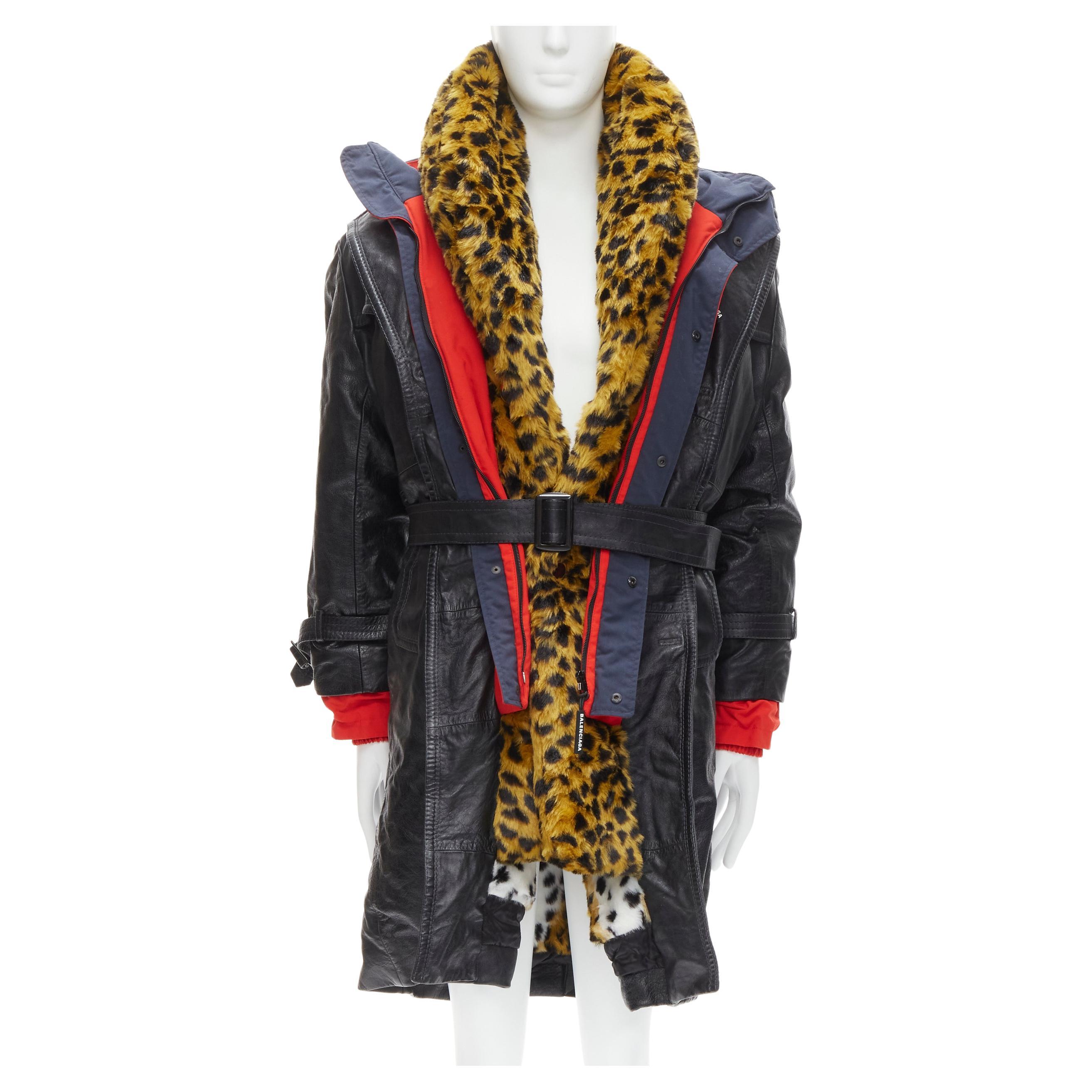 BALENCIAGA 2018 Ruway Triple Faux Layering manteau en cuir noir et fourrure léopard XL en vente