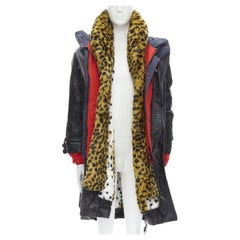 BALENCIAGA 2018 Ruway Triple Faux Layering black leather leopard fur coat XL