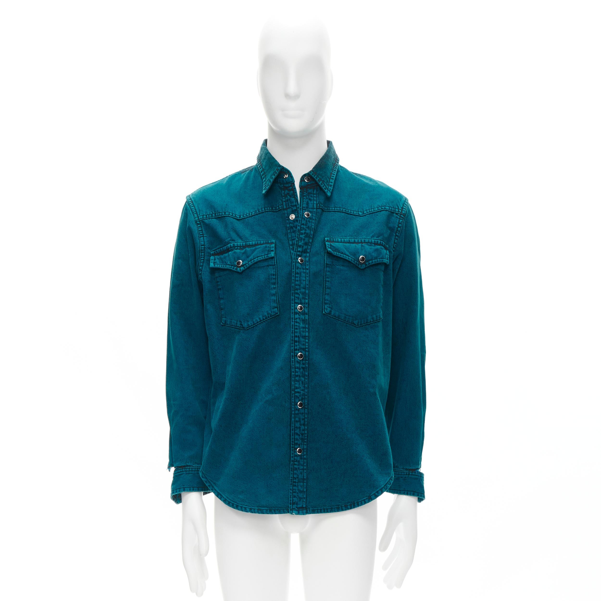 BALENCIAGA 2018 turquoise acid dye washed heavy cotton ripped cuff shirt EU38 S For Sale 2