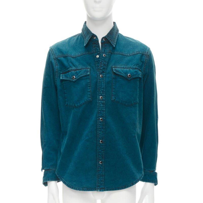 Blue BALENCIAGA 2018 turquoise acid dye washed heavy cotton ripped cuff shirt EU38 S For Sale