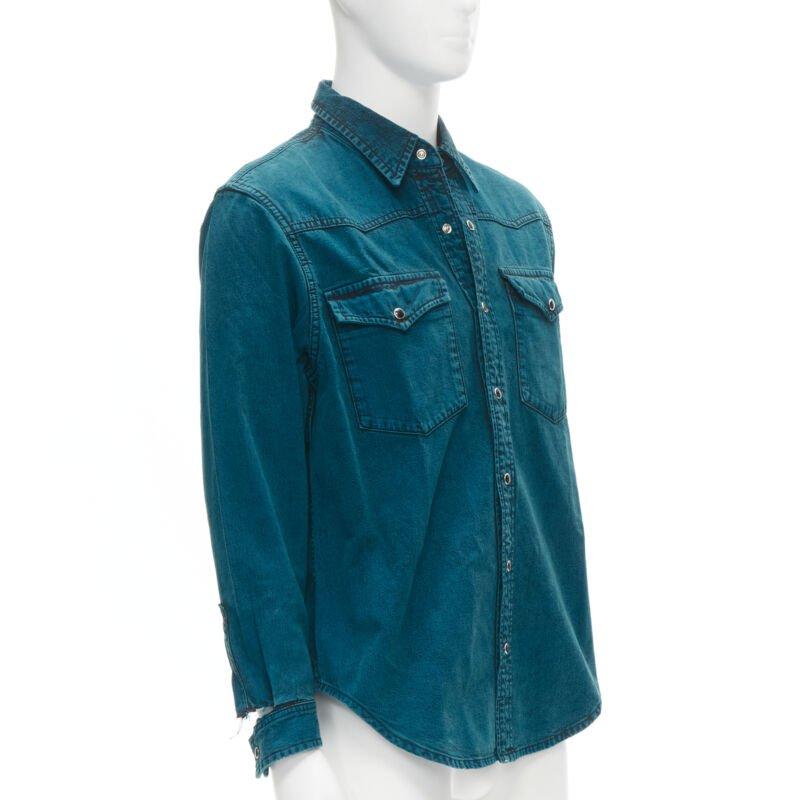 BALENCIAGA 2018 turquoise acid dye washed heavy cotton ripped cuff shirt EU38 S In Excellent Condition For Sale In Hong Kong, NT