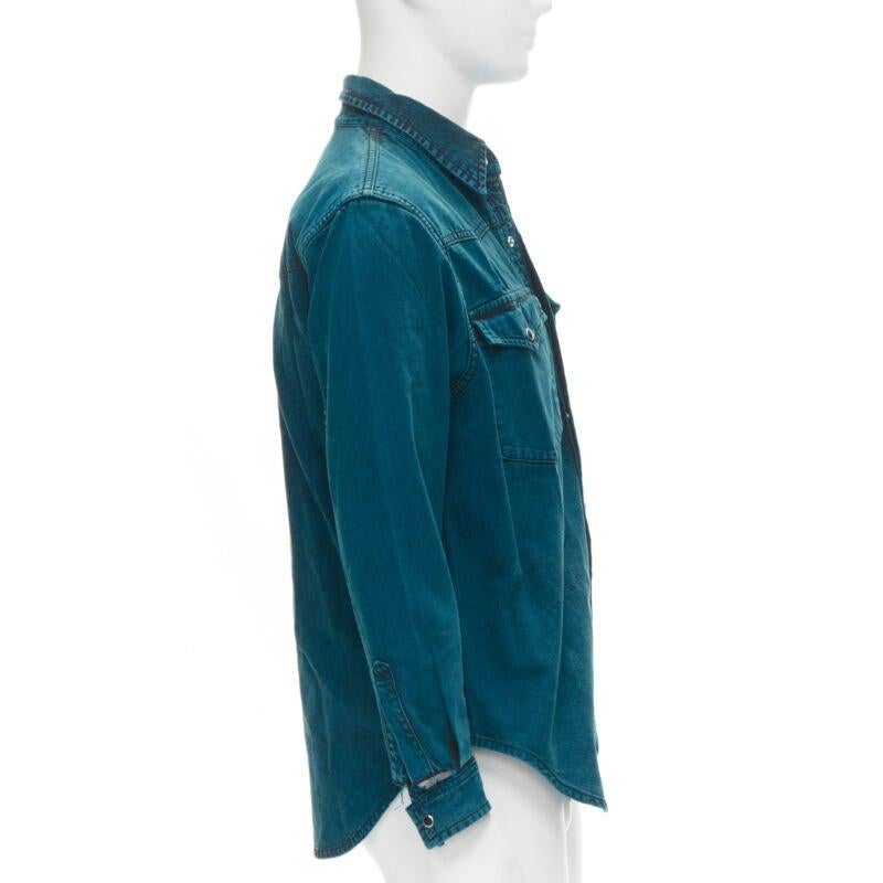Men's BALENCIAGA 2018 turquoise acid dye washed heavy cotton ripped cuff shirt EU38 S For Sale
