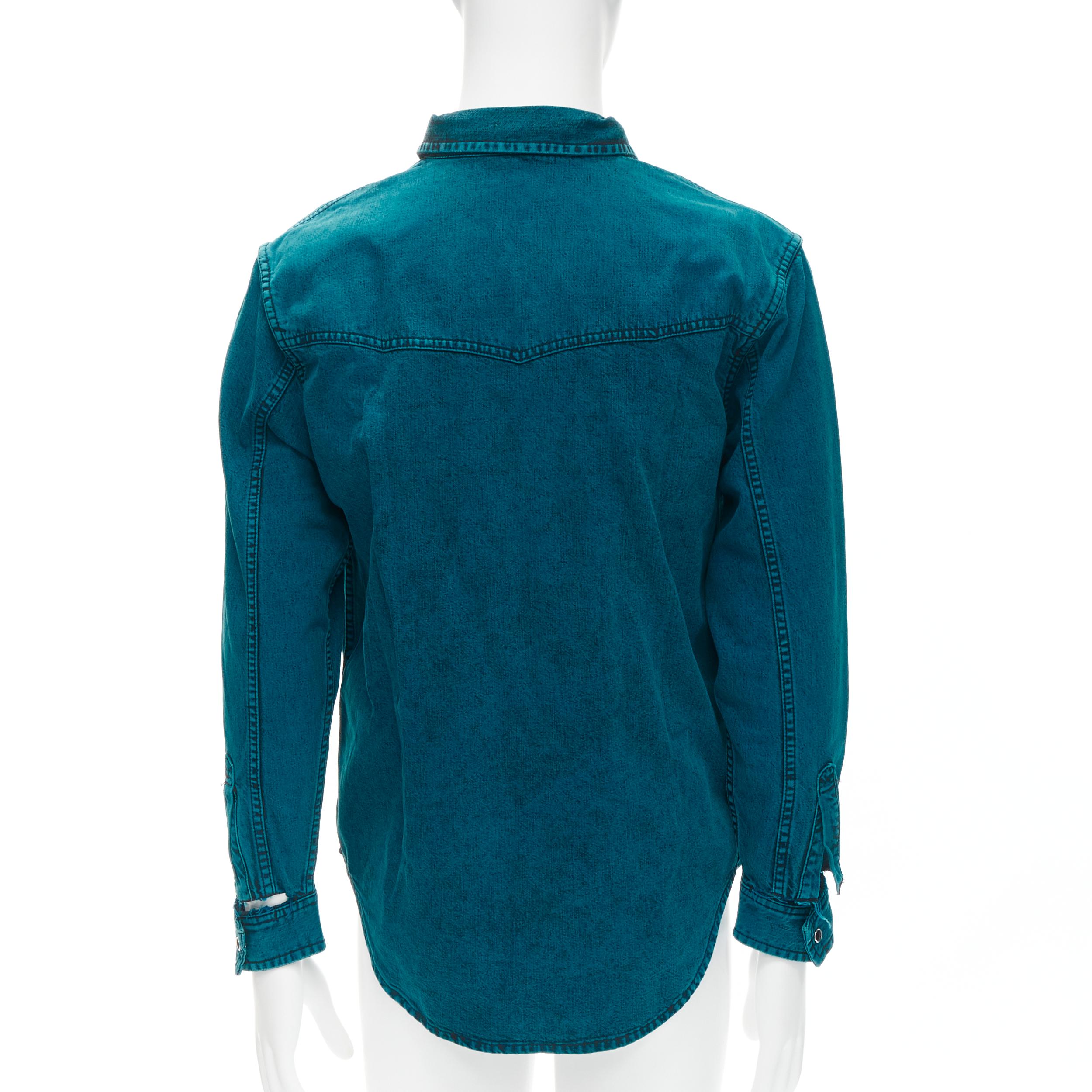 Blue BALENCIAGA 2018 turquoise acid dye washed heavy cotton ripped cuff shirt EU38 S For Sale