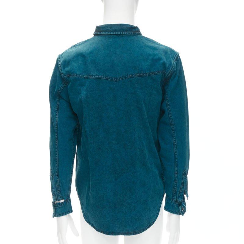 BALENCIAGA 2018 turquoise acid dye washed heavy cotton ripped cuff shirt EU38 S For Sale 1