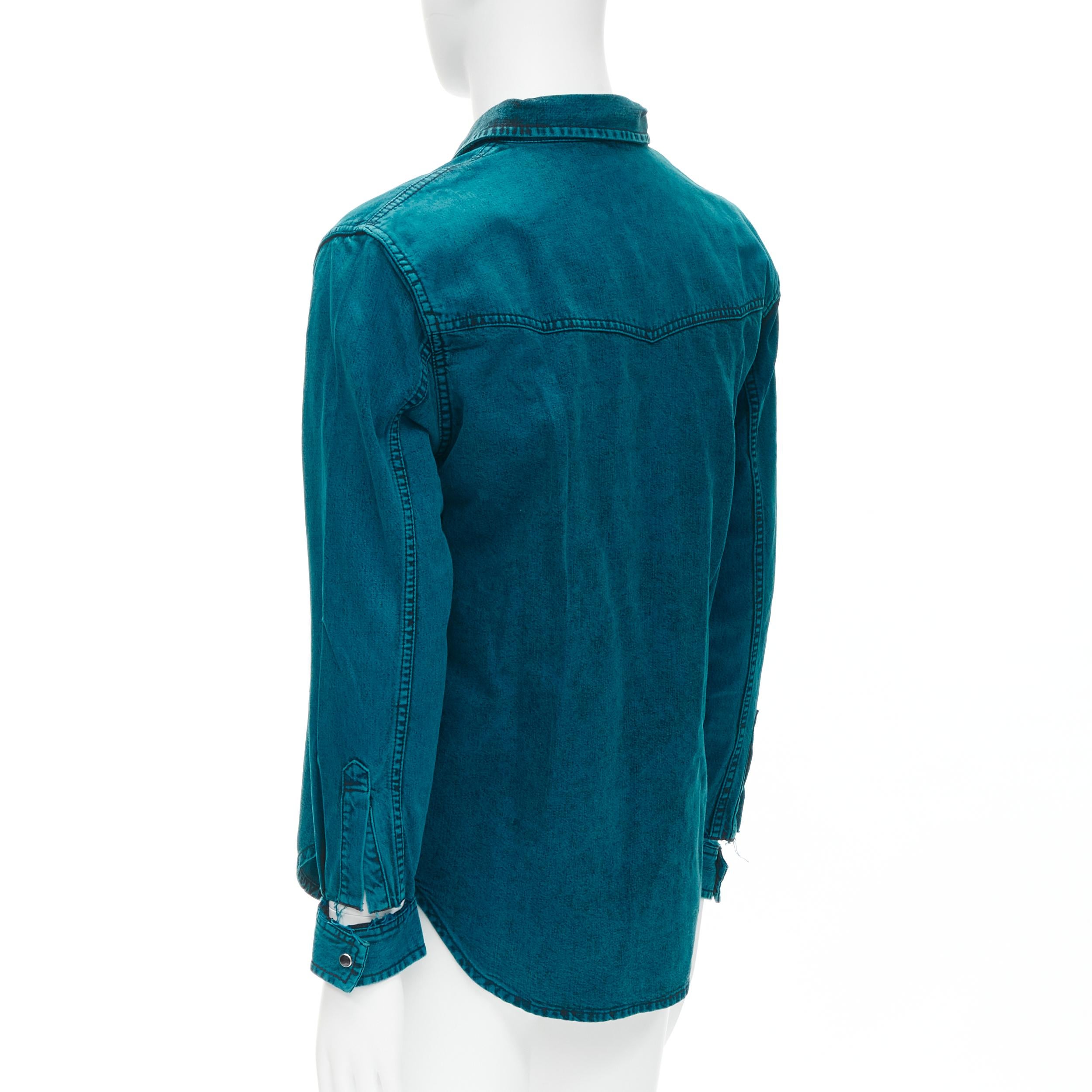 BALENCIAGA 2018 turquoise acid dye washed heavy cotton ripped cuff shirt EU38 S In Excellent Condition For Sale In Hong Kong, NT