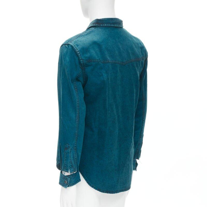 BALENCIAGA 2018 turquoise acid dye washed heavy cotton ripped cuff shirt EU38 S For Sale 2