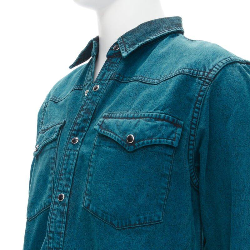 BALENCIAGA 2018 turquoise acid dye washed heavy cotton ripped cuff shirt EU38 S For Sale 3