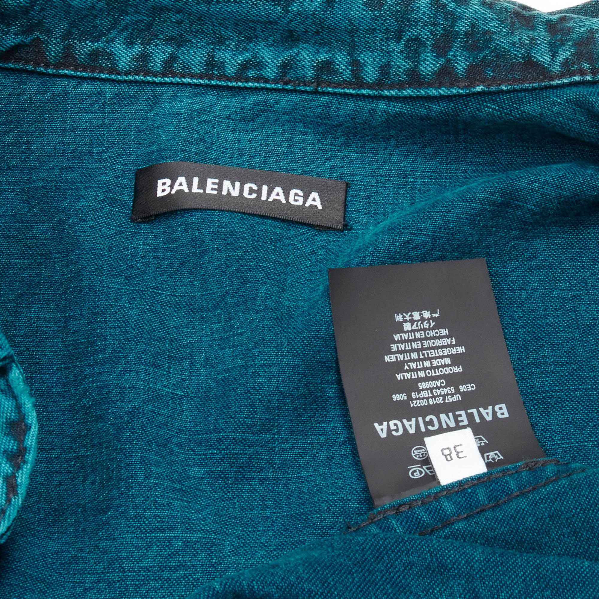 BALENCIAGA 2018 turquoise acid dye washed heavy cotton ripped cuff shirt EU38 S For Sale 1